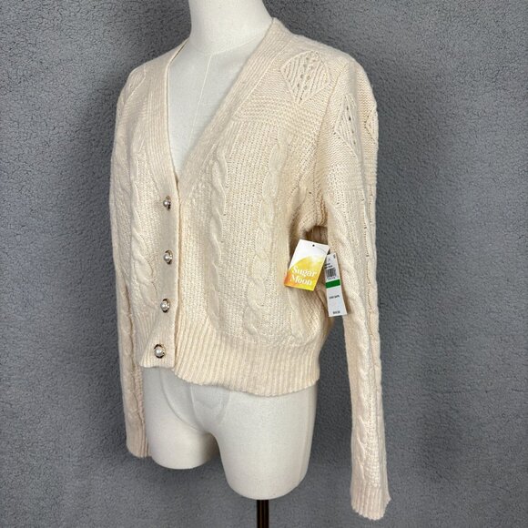 Sugar Moon Juniors' Irish Cream Cable Knit Bling Button Cardigan Sweater Lg NWTs - Picture 4 of 8